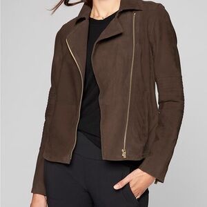 Athleta Helena Suede Moto Jacket | Brown Asymmetrical Zip | Genuine Leather